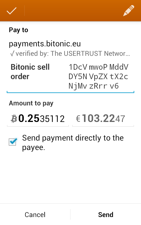 payment to Bitonic via the Android wallet